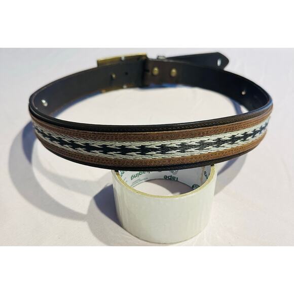 Nocona Belt Men 36 Brown Leather Western Cowboy Rodeo Silver/Gold Accent Aztec - Picture 11 of 15